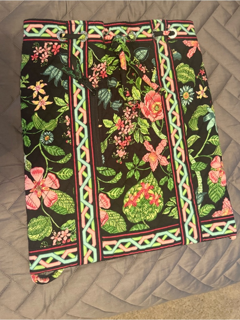 Vera Bradley Black Floral Drawstring Backpack with Pink and Green Accents